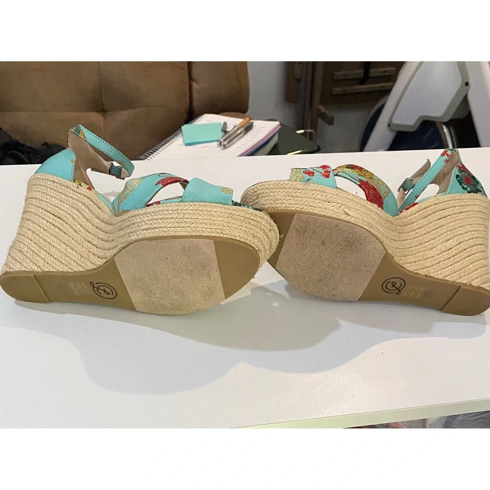 Chinese Laundry Aqua‎ Blue Floral Brocade Espadrille Wedge Sandals Womens 9.5M